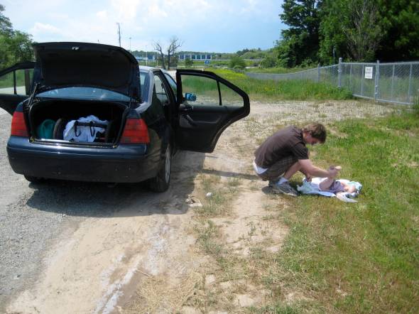 diaper change on side of a highway